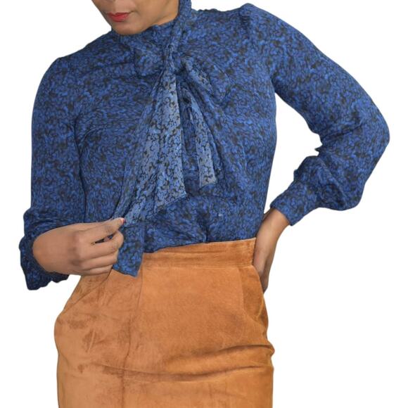 Alice and Olivia Blouse Blue Tie Neck Print Pussybow Shirt Satin Top Size XS - Picture 1 of 14